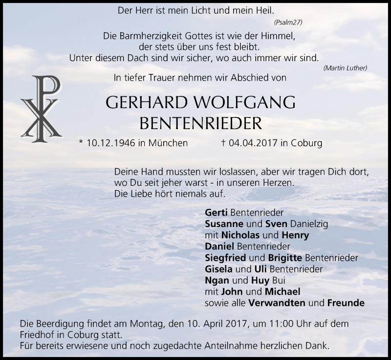  Traueranzeige für Gerhard Wolfgang Bentenrieder vom 08.04.2017 aus MGO