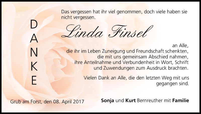  Traueranzeige für Linda Finsel vom 08.04.2017 aus MGO