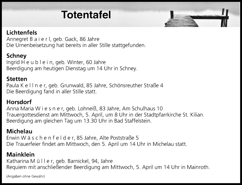  Traueranzeige für Totentafel vom 01.04.2017 vom 04.04.2017 aus MGO