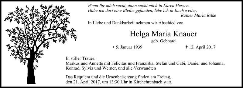  Traueranzeige für Helga Maria Knauer vom 20.04.2017 aus MGO
