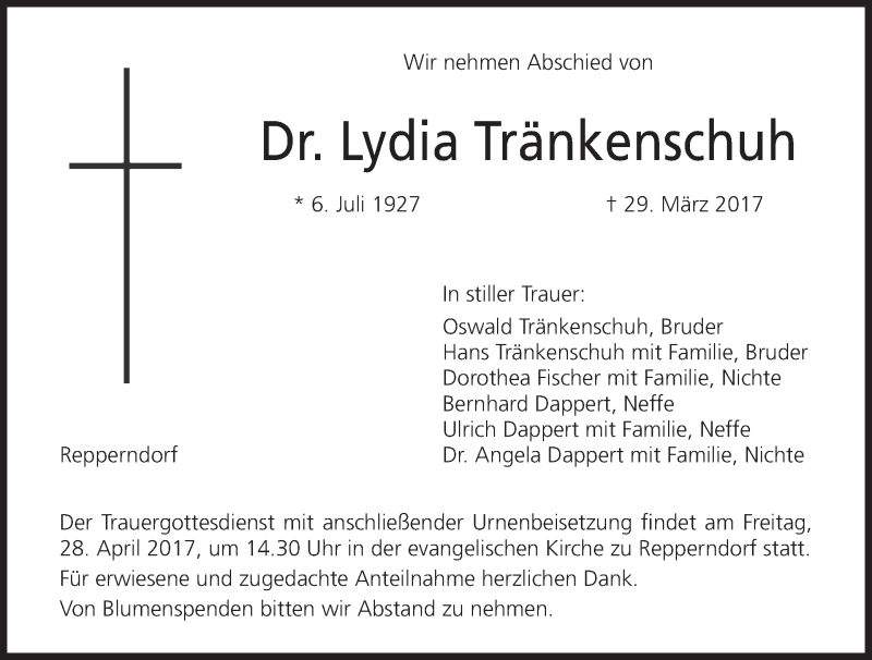  Traueranzeige für Lydia Tränkenschuh vom 26.04.2017 aus MGO