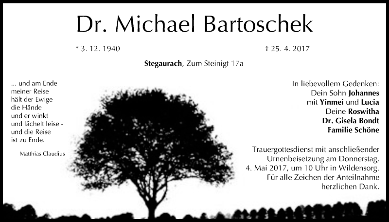  Traueranzeige für Michael Bartoschek vom 29.04.2017 aus MGO