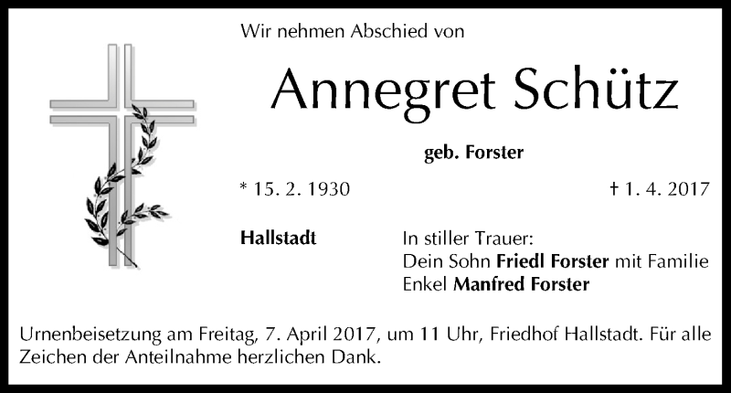  Traueranzeige für Annegret Schütz vom 04.04.2017 aus MGO