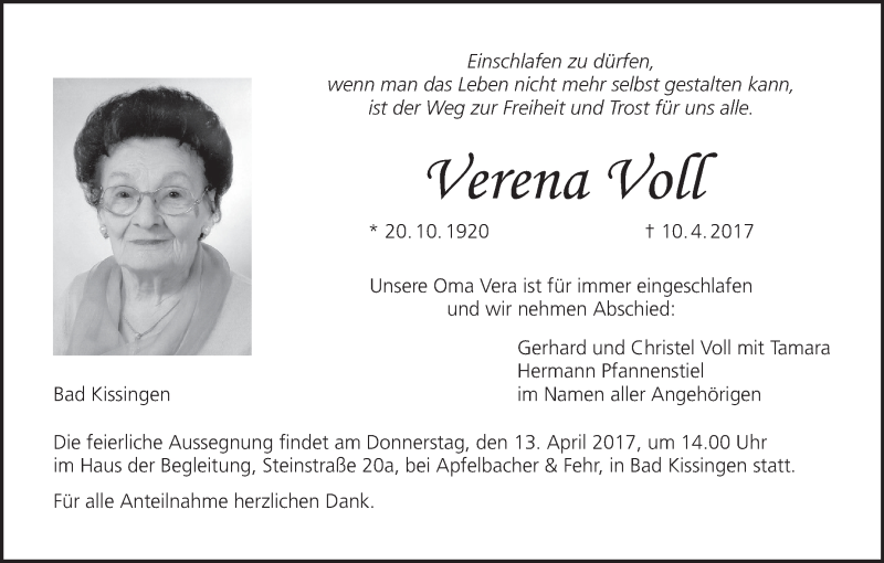  Traueranzeige für Verena Voll vom 12.04.2017 aus MGO