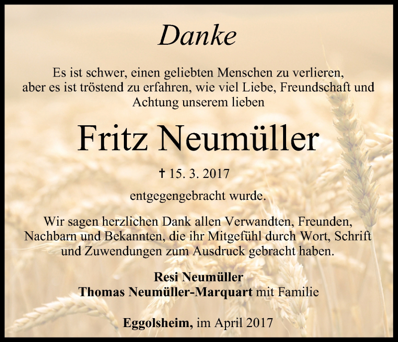  Traueranzeige für Fritz Neumüller vom 15.04.2017 aus MGO