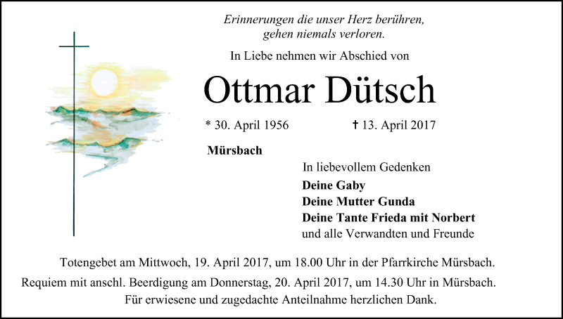  Traueranzeige für Ottmar Dütsch vom 18.04.2017 aus MGO