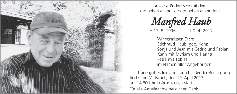  Traueranzeige für Manfred Haub vom 15.04.2017 aus MGO