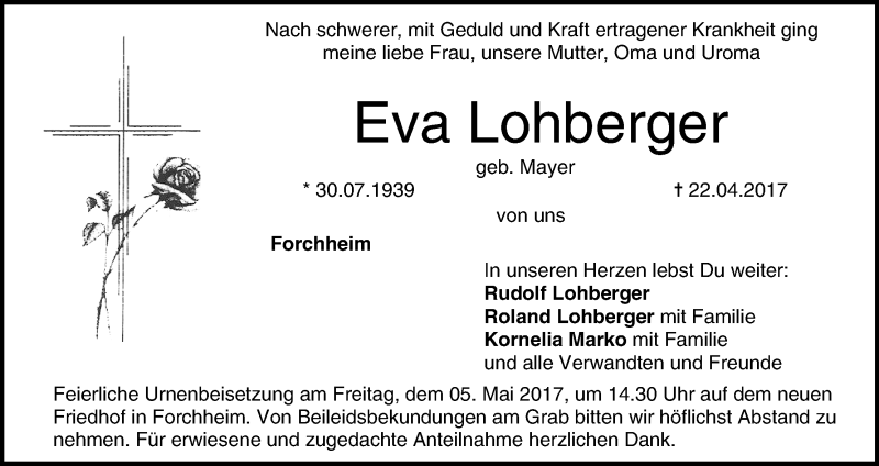  Traueranzeige für Eva Lohberger vom 29.04.2017 aus MGO