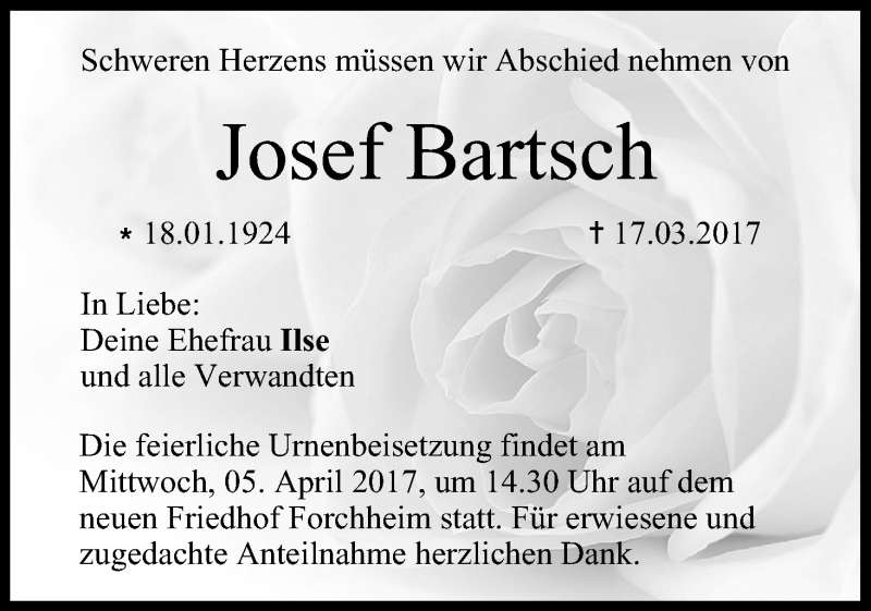  Traueranzeige für Josef Bartsch vom 01.04.2017 aus MGO