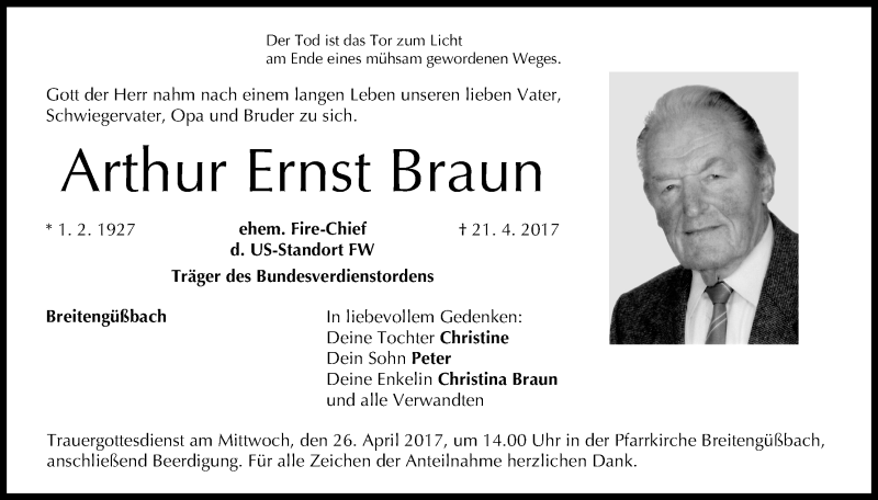  Traueranzeige für Arthur Ernst Braun vom 24.04.2017 aus MGO