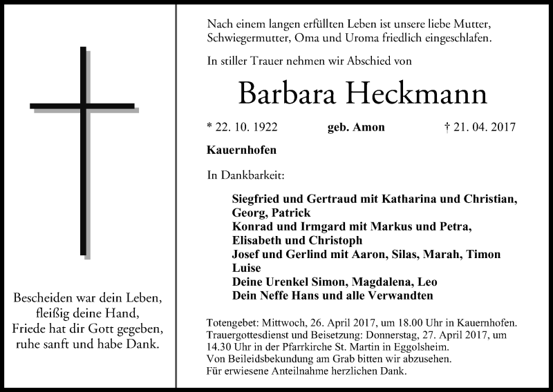  Traueranzeige für Barbara Heckmann vom 25.04.2017 aus MGO