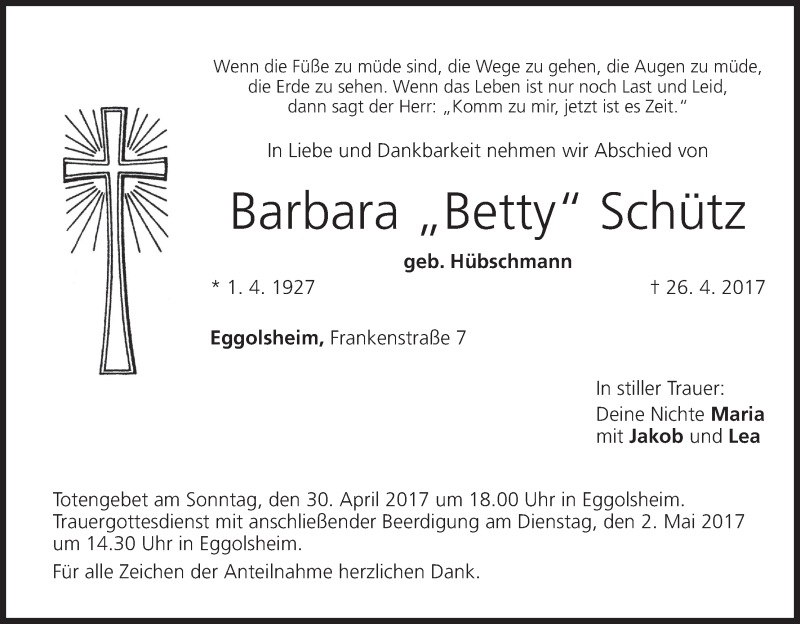  Traueranzeige für Barbara Schütz vom 28.04.2017 aus MGO