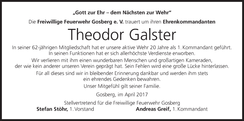  Traueranzeige für Theodor Galster vom 19.04.2017 aus MGO