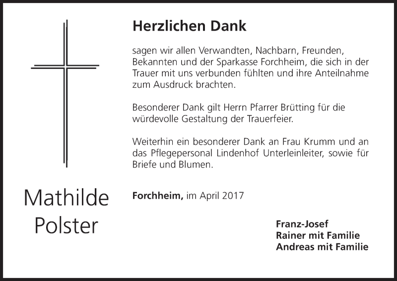  Traueranzeige für Mathilde Polster vom 12.04.2017 aus MGO