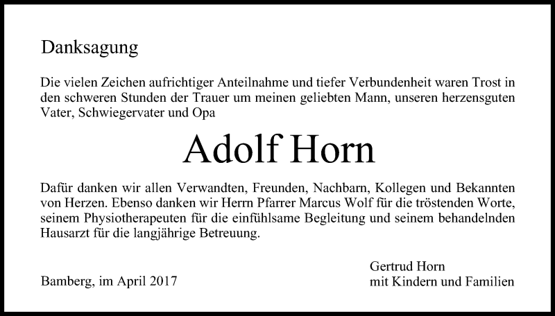 Traueranzeige für Adolf Horn vom 22.04.2017 aus MGO