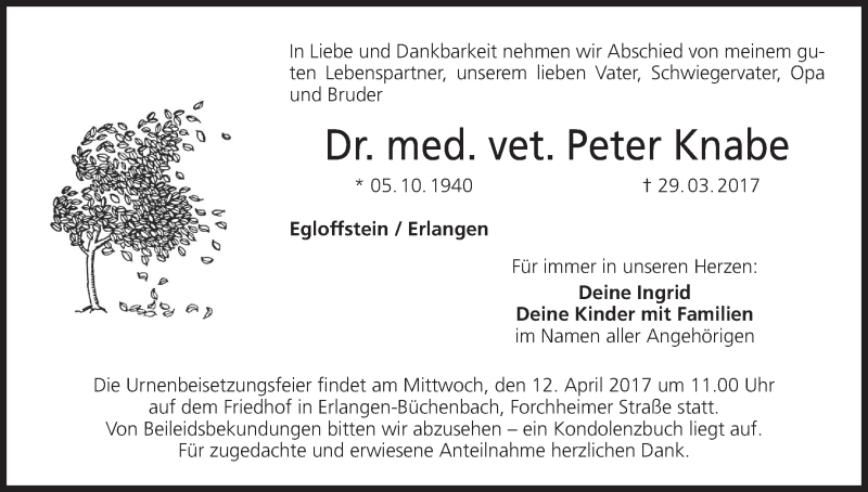  Traueranzeige für Peter Knabe vom 08.04.2017 aus MGO