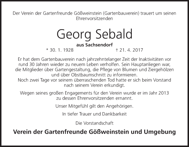  Traueranzeige für Georg Sebald vom 26.04.2017 aus MGO
