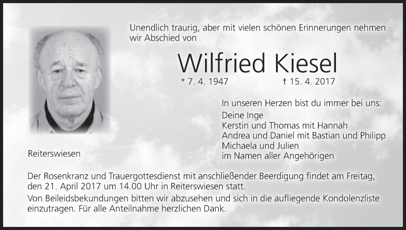  Traueranzeige für Wilfried Kiesel vom 19.04.2017 aus MGO