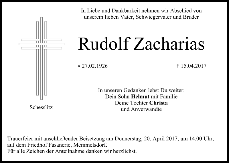  Traueranzeige für Rudolf Zacharias vom 19.04.2017 aus MGO