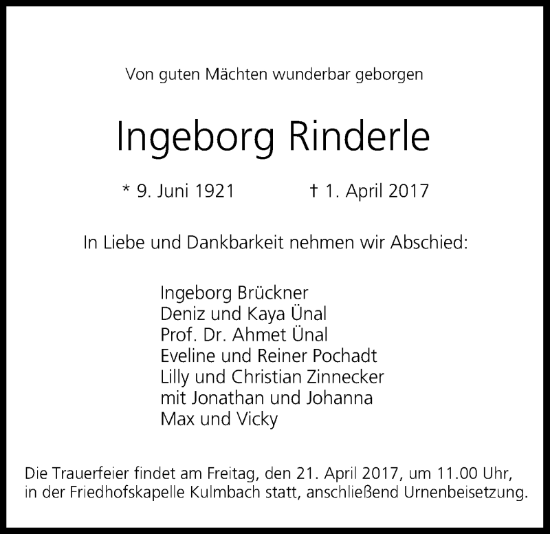  Traueranzeige für Ingeborg Rinderle vom 15.04.2017 aus MGO