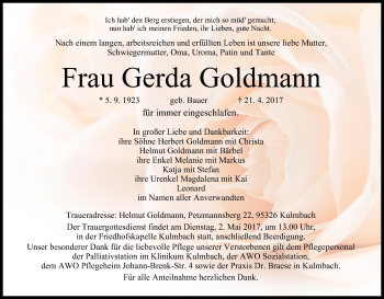 Anzeige von Gerda Goldmann von MGO