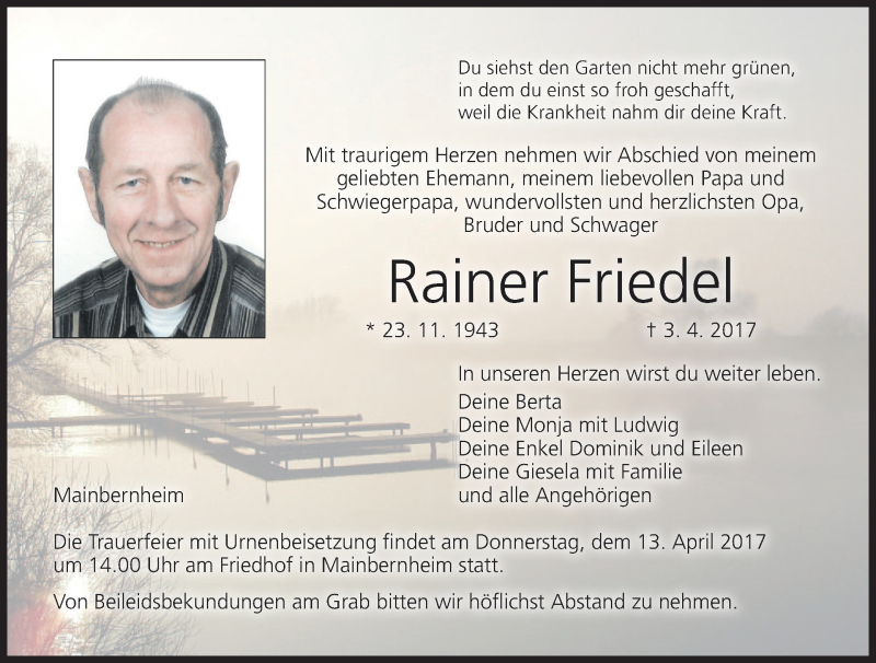  Traueranzeige für Rainer Friedel vom 10.04.2017 aus MGO