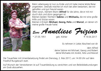 Anzeige von Anneliese Frizino von MGO