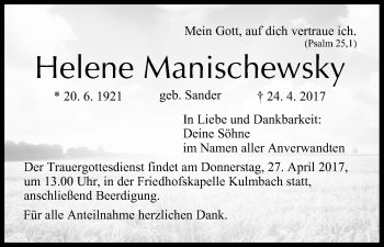Anzeige von Helene Manischewsky von MGO