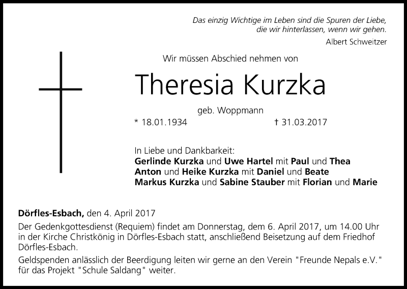  Traueranzeige für Theresia Kurzka vom 04.04.2017 aus MGO