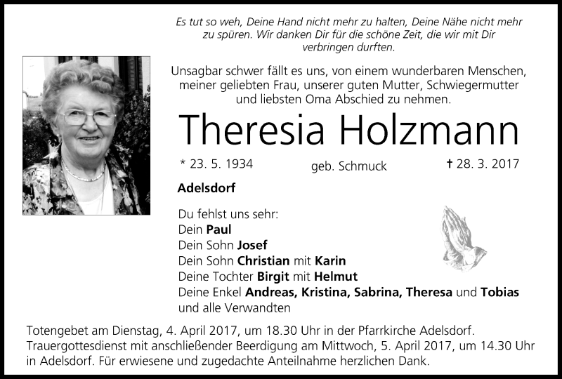  Traueranzeige für Theresia Holzmann vom 01.04.2017 aus MGO