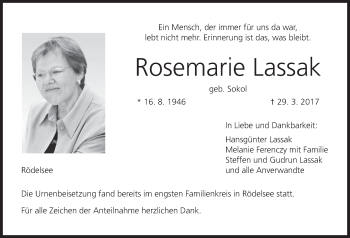 Anzeige von Rosemarie Lassak von MGO