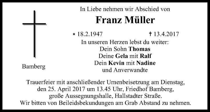  Traueranzeige für Franz Müller vom 22.04.2017 aus MGO