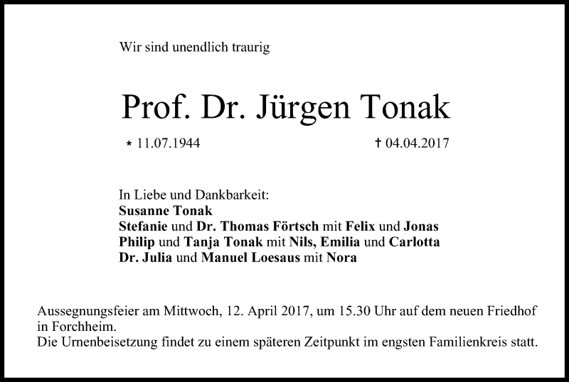  Traueranzeige für Jürgen Tonak vom 08.04.2017 aus MGO