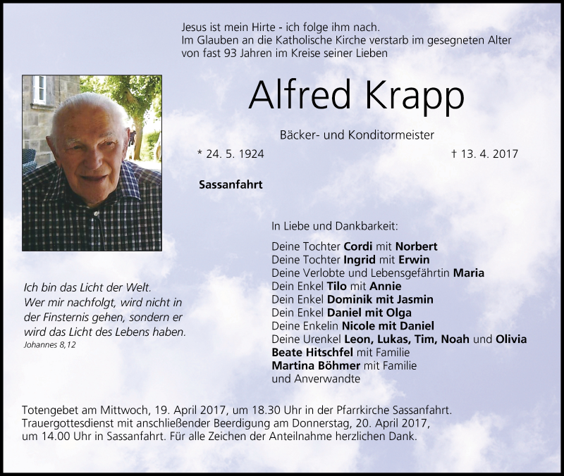  Traueranzeige für Alfred Krapp vom 15.04.2017 aus MGO