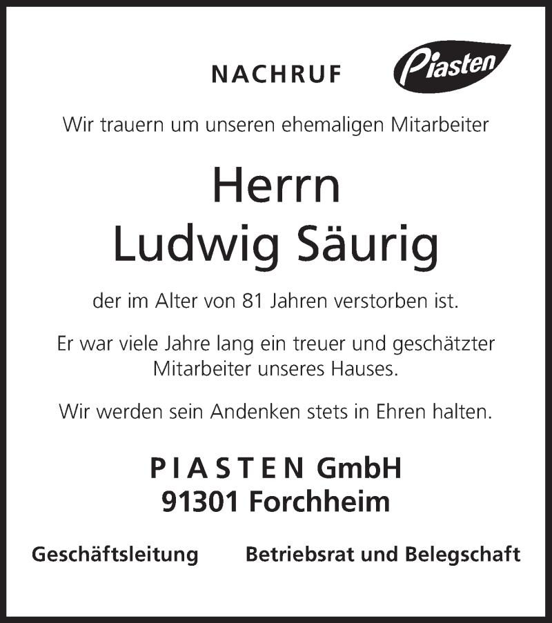  Traueranzeige für Ludwig Säurig vom 11.04.2017 aus MGO