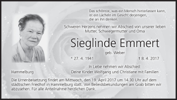 Anzeige von Sieglinde Emmert von MGO