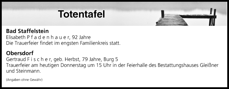  Traueranzeige für Totentafel vom 13.04.2017 vom 13.04.2017 aus MGO