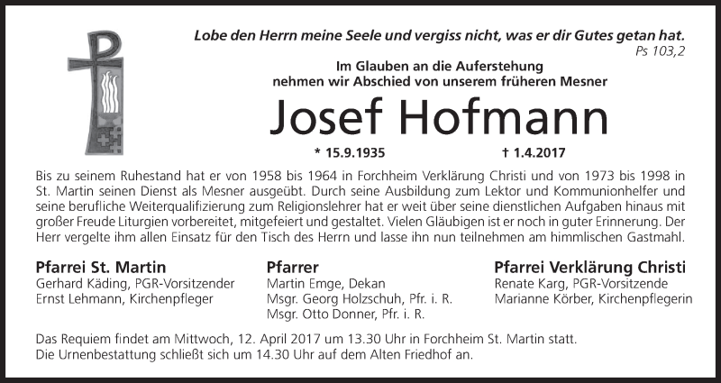  Traueranzeige für Josef Hofmann vom 11.04.2017 aus MGO