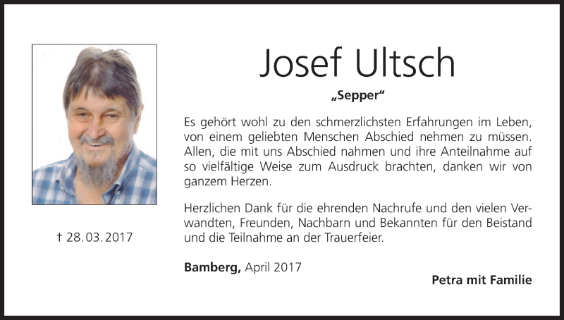  Traueranzeige für Josef Ultsch vom 08.04.2017 aus MGO