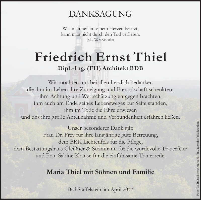  Traueranzeige für Friedrich Ernst Thiel vom 22.04.2017 aus MGO
