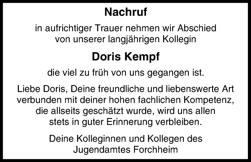  Traueranzeige für Doris Kempf vom 26.04.2017 aus MGO