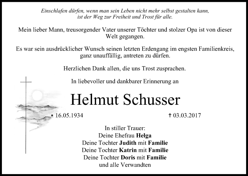  Traueranzeige für Helmut Schusser vom 01.04.2017 aus MGO