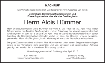 Anzeige von Alois Hümmer von MGO