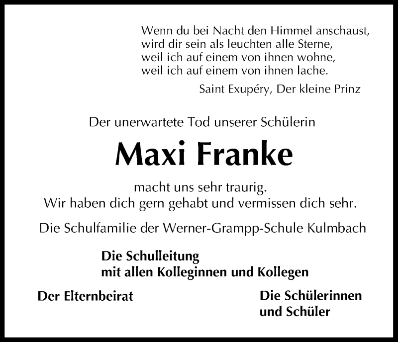  Traueranzeige für Maxi Franke vom 29.04.2017 aus MGO