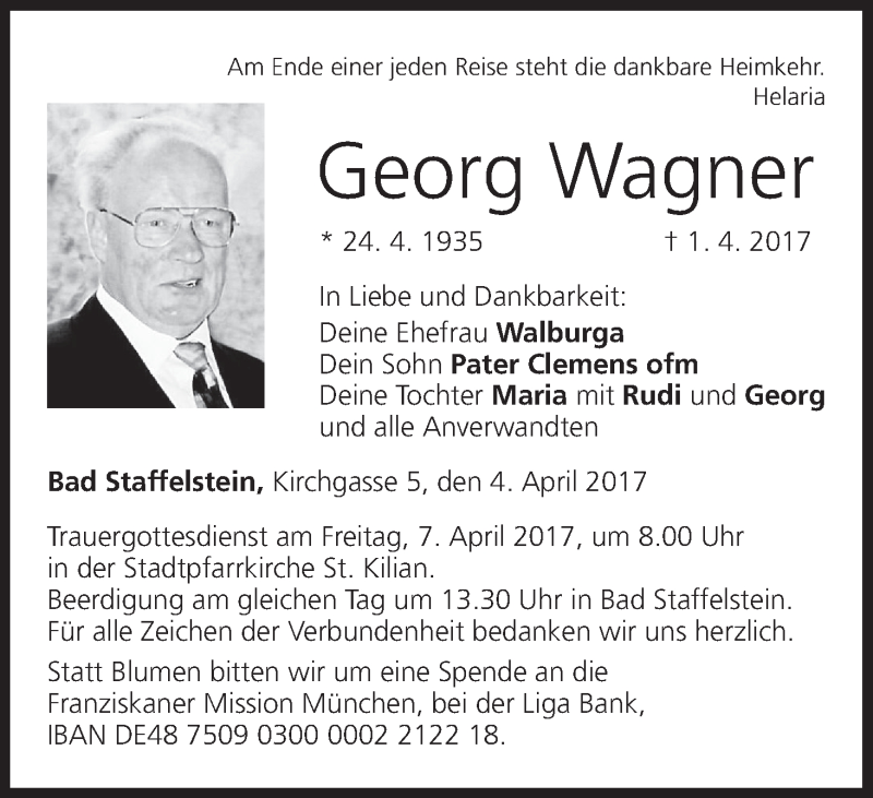  Traueranzeige für Georg Wagner vom 04.04.2017 aus MGO