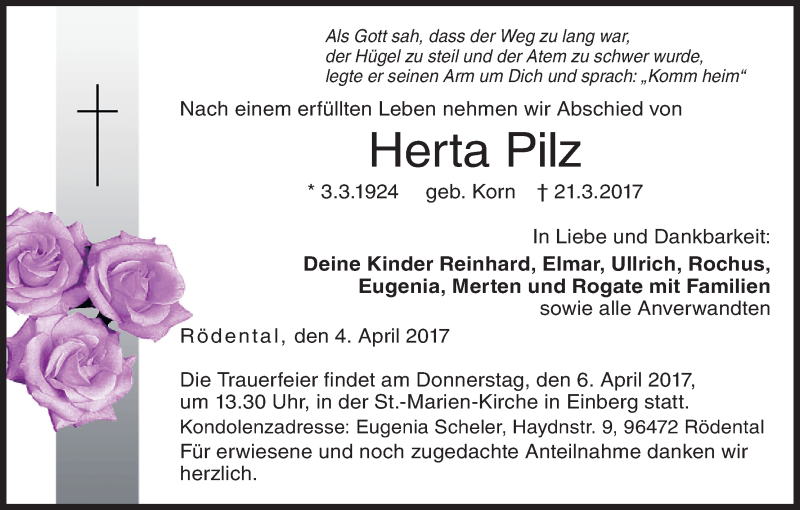  Traueranzeige für Herta Pilz vom 04.04.2017 aus MGO