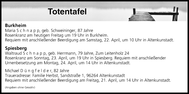  Traueranzeige für Totentafel vom 21.04.2017 vom 21.04.2017 aus MGO