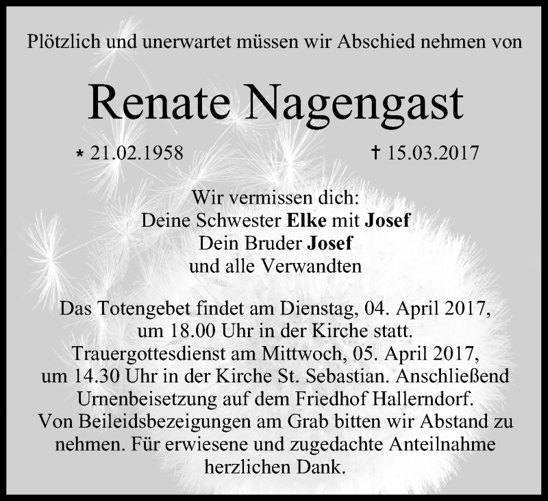  Traueranzeige für Renate Nagengast vom 01.04.2017 aus MGO