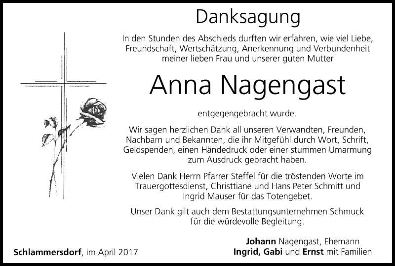  Traueranzeige für Anna Nagengast vom 01.04.2017 aus MGO