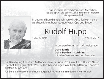 Anzeige von Rudolf Hupp von MGO